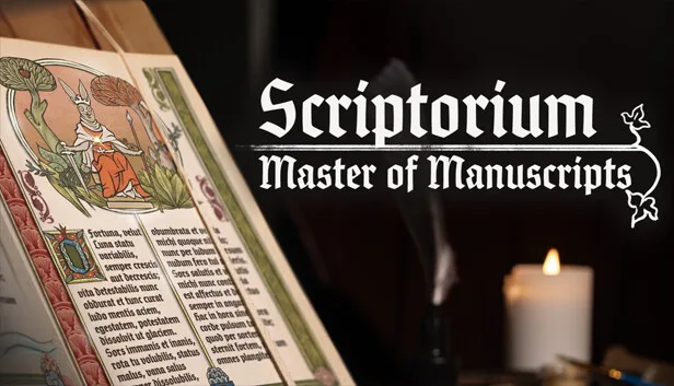 Scriptorium medieval manuscript composition interface showing ornate border assets, illustrated characters and parchment workspace
