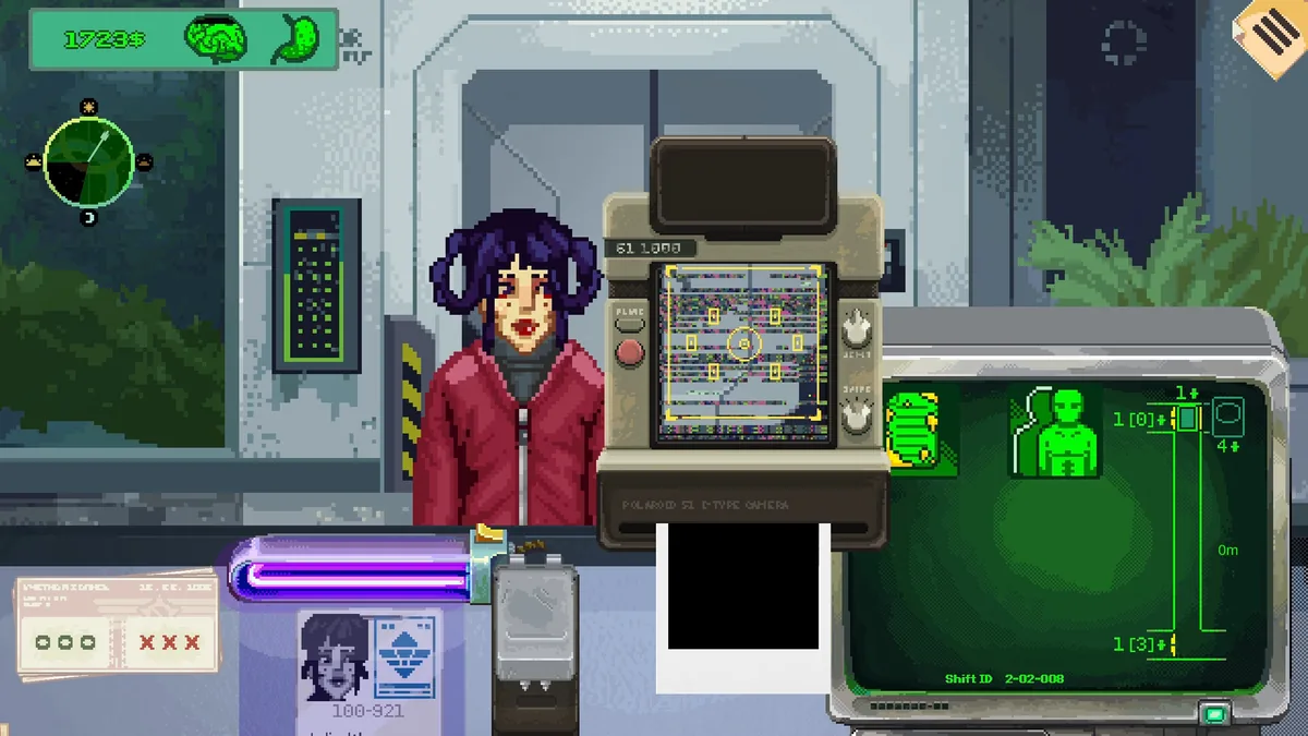 A Polaroid camera capturing a photo of a purple-haired visitor at the checkpoint desk, with the camera's readout screen showing a targeting grid