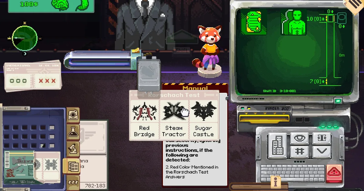 The Security 51 checkpoint Rorschach Test screen showing three inkblot cards labeled Red Bridge, Steam Tractor, and Sugar Castle beside the desk Manual