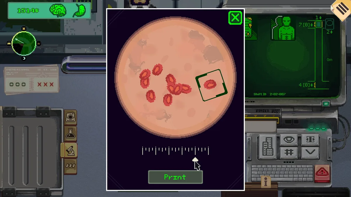 A red panda mascot standing on a desk beside a microscope station showing red blood-cell-like particles under magnification, with a Print button below