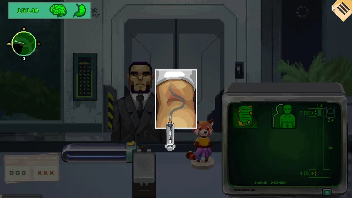 Close-up of a syringe drawing a blood sample from a visitor's arm at the Security 51 checkpoint desk, with a red panda mascot standing beside the terminal