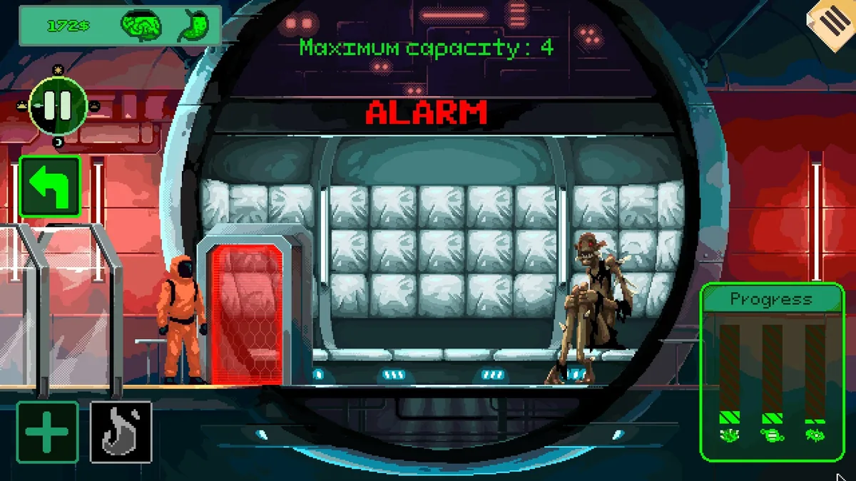 A hazmat-suited figure standing before a containment cell as an ALARM flashes red, with a captured anomaly visible through reinforced glass and a maximum capacity of 4 shown on screen