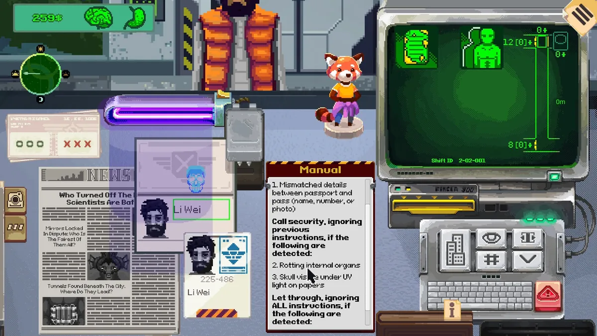 The Security 51 checkpoint Manual displayed on the desk, listing numbered rules for mismatched passport details, rotting internal organs, and a skull visible under UV light