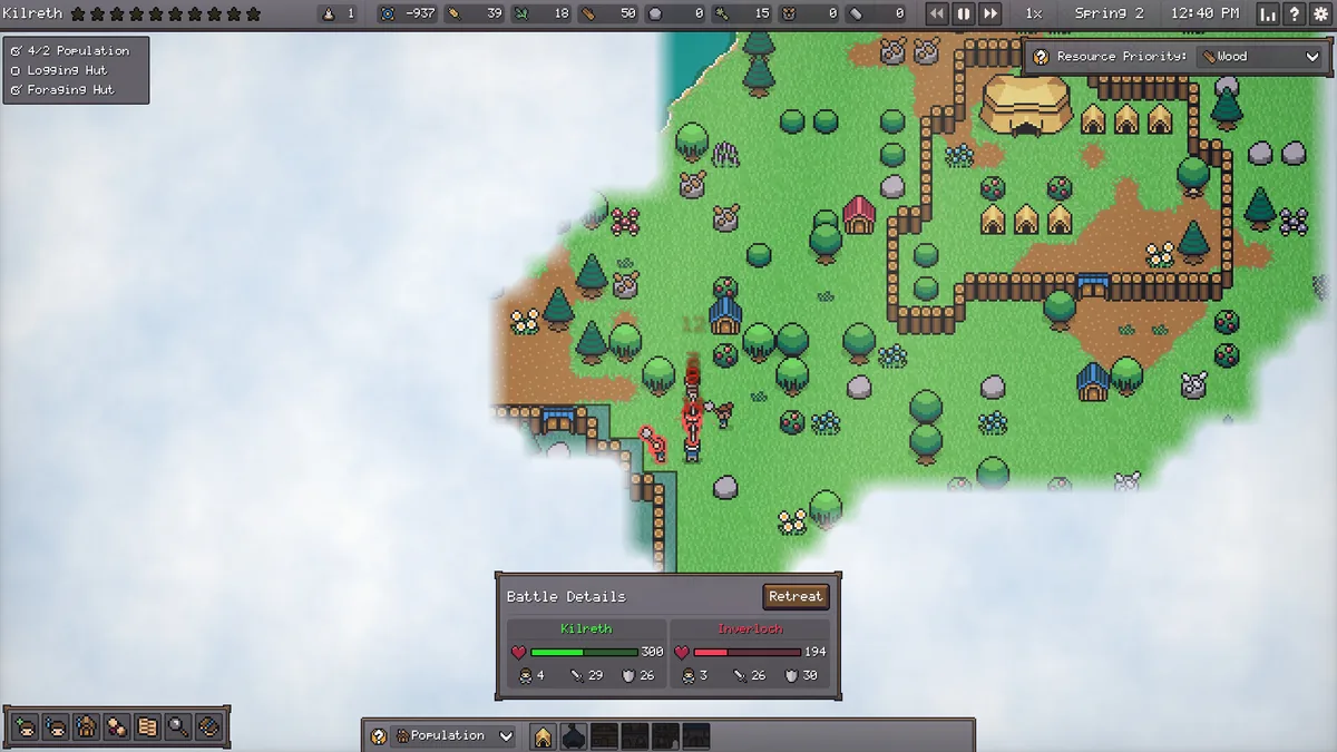Settler's Domain Battle Details screen showing a clash between two settlements, Kilreth and Inverloch, each with a health bar, population count, and a Retreat button
