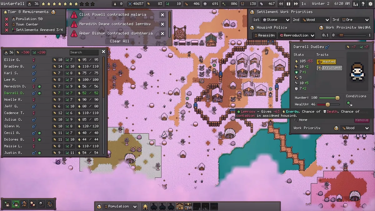 Settler's Domain population management screen showing named disease outbreaks (malaria, leprosy, diphtheria), a settler stat panel with Hunger and Health bars, and Traits labeled Hasted and Efficient