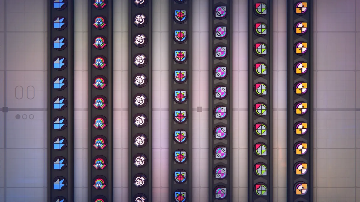 Shapez 2 factory layout showing belt splitters routing shaped pieces to parallel processing buildings with balanced throughput across four output lanes