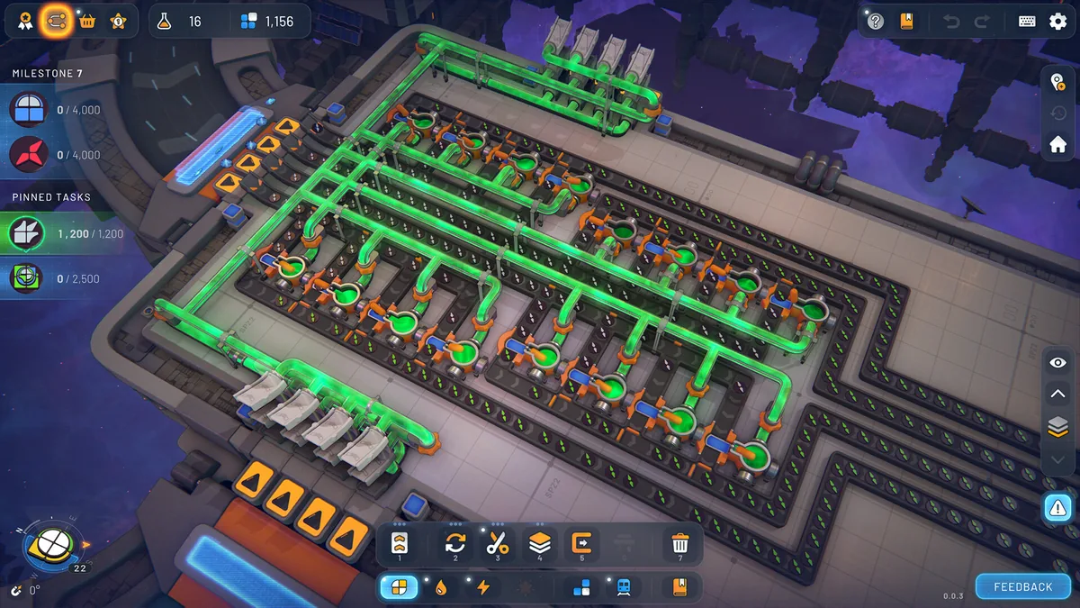 Shapez 2 production platform with green processed shapes routed along belts through rows of cutters and stackers toward storage, milestone progress shown in the corner