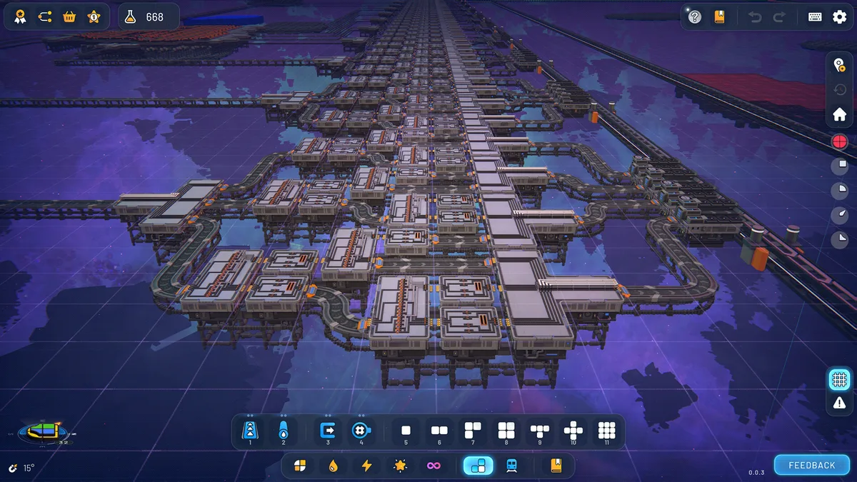 Shapez 2 late-game Manufacture Mode factory with multiple Trade Station tiers running parallel and the Grand Vortex Assembler visible in the upper layer