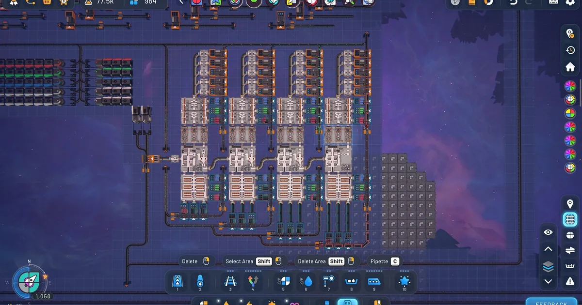 Shapez 2 dense factory of four parallel processing columns on a space platform against a purple nebula, the scale where framerate starts to matter