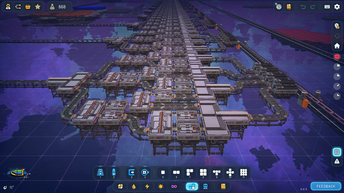 Shapez 2 huge sprawling factory seen from a low angle, rows of machine platforms and belts stretching into the distance across the build grid