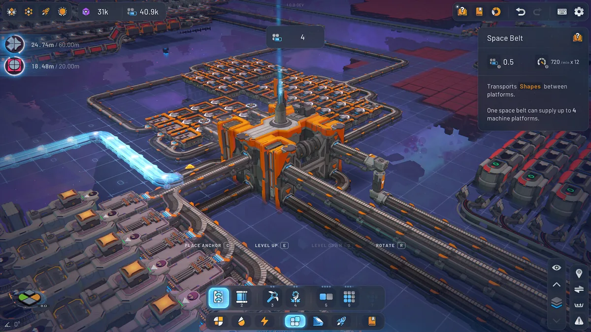 Shapez 2 build view with a Space Belt selected, its tooltip showing it transports shapes between platforms and supplies up to 4 machine platforms, build toolbar along the bottom