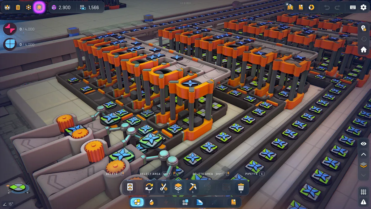 Sprawling multi-level shapez 2 factory viewed from above, colored belt lines converging toward a central processing hub