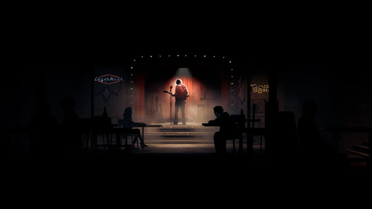 A singer stands in a red spotlight on a small stage under a Lager Haus neon sign while silhouetted patrons sit at tables