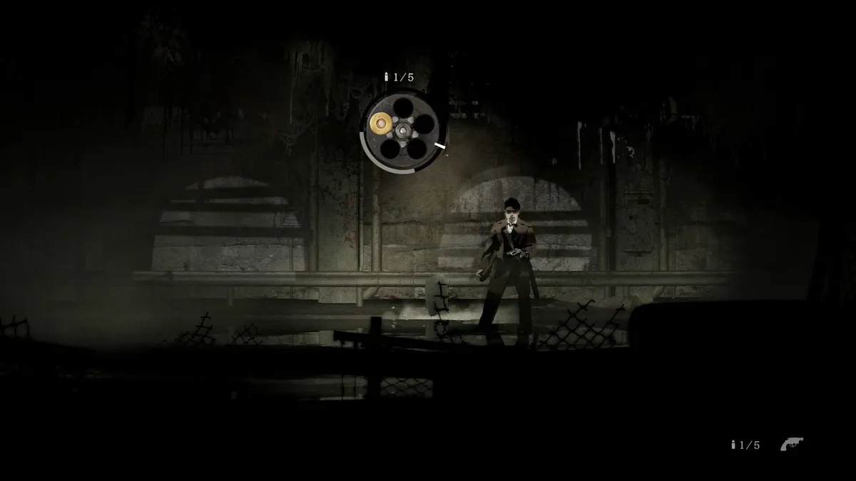 A detective in a dark underpass reloads a revolver, the on-screen cylinder showing one round of five