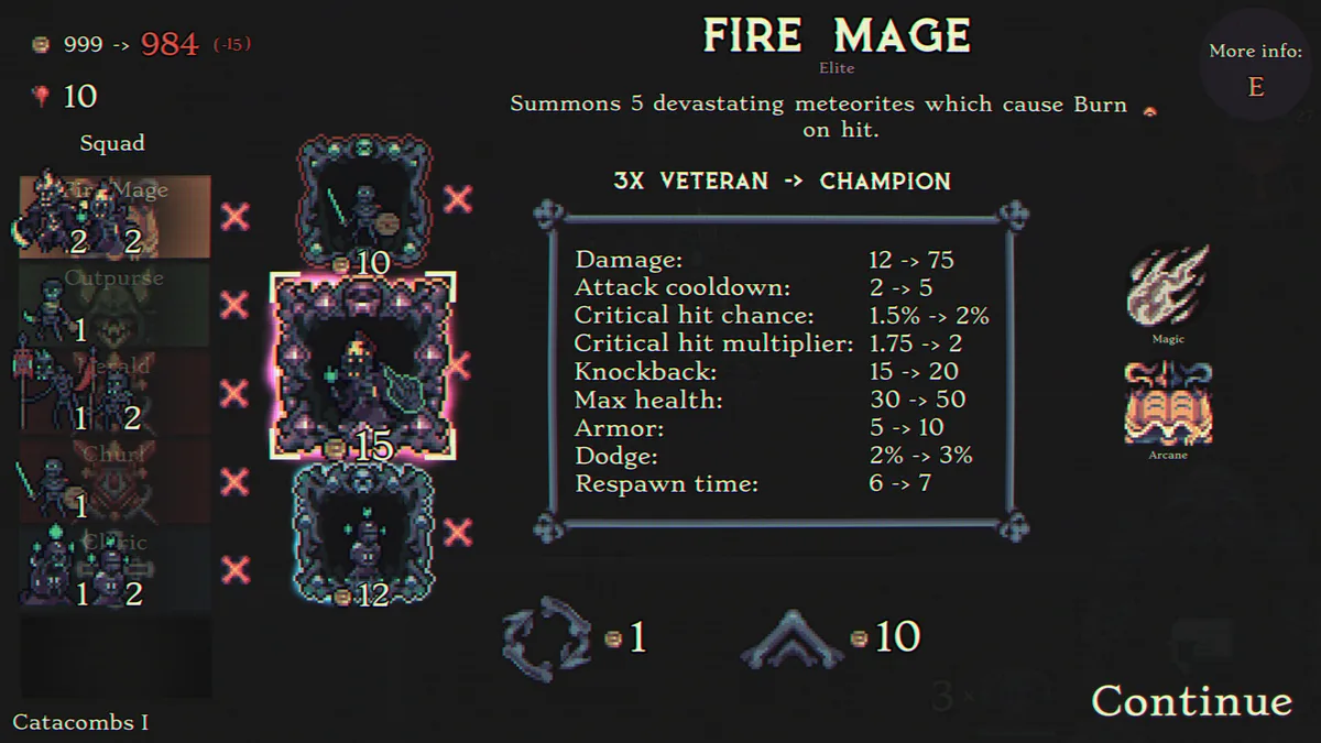 Skull Horde flying skull necromancer commanding skeleton army formation in procedurally generated dungeon room with merge UI visible