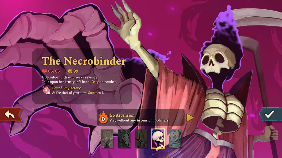 Slay the Spire 2 character screen shows the Necrobinder, Osty, and the Bound Phylactery starter ability