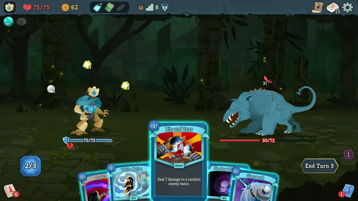 Combat screen against a horned jungle enemy, hand showing the Rip and Tear and Glasswork cards in play