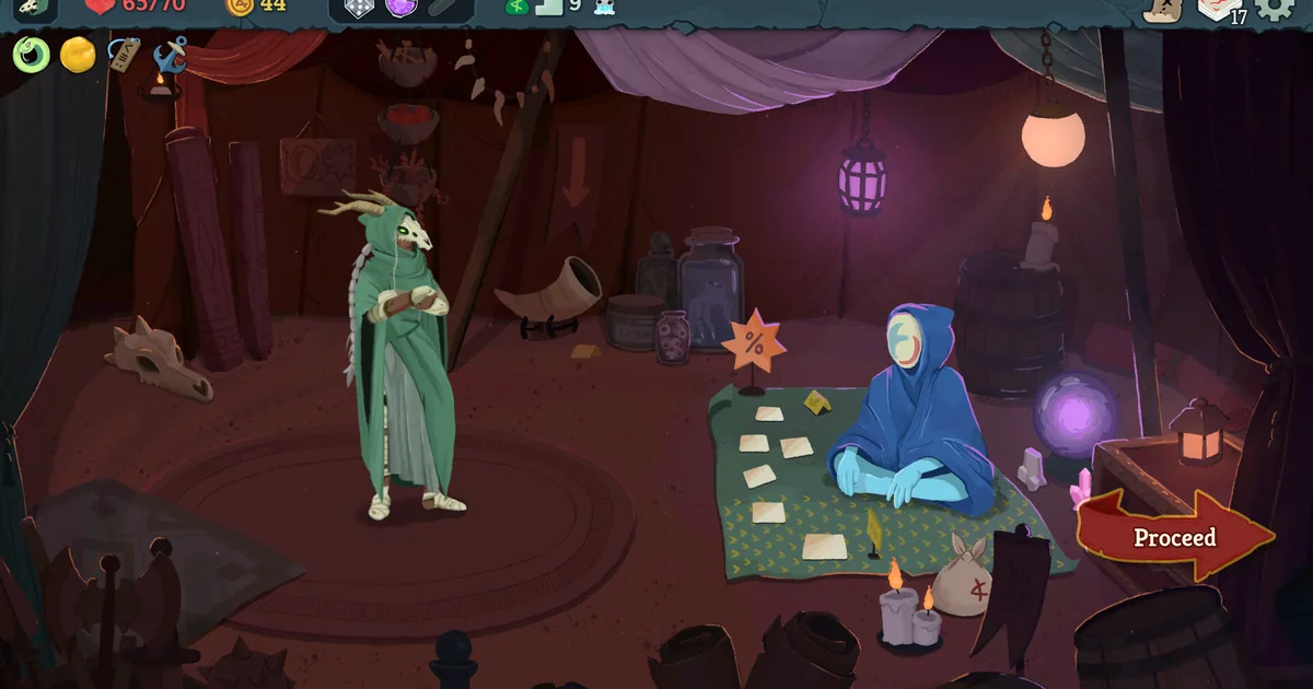 Slay the Spire 2's Silent, in a green cloak and horned skull mask, standing before a hooded fortune-teller merchant at a shop screen, health 65 of 70