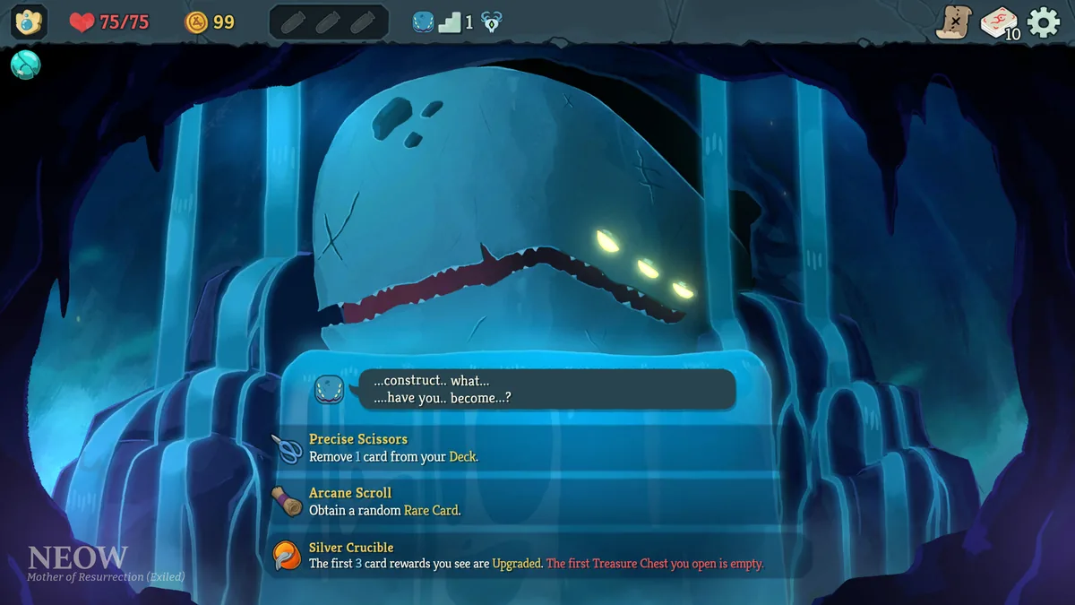 Neow's Blessing screen offering three run-start bonuses: Precise Scissors (remove a card), Arcane Scroll (a random Rare card), and Silver Crucible (upgraded first card rewards, empty first chest)