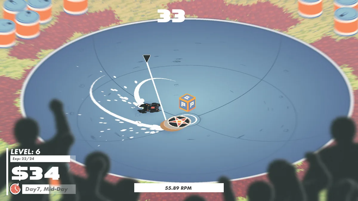 Slayblade top-down battle arena showing a black spinning top curving toward a star-patterned opponent top, RPM readout at 55.89