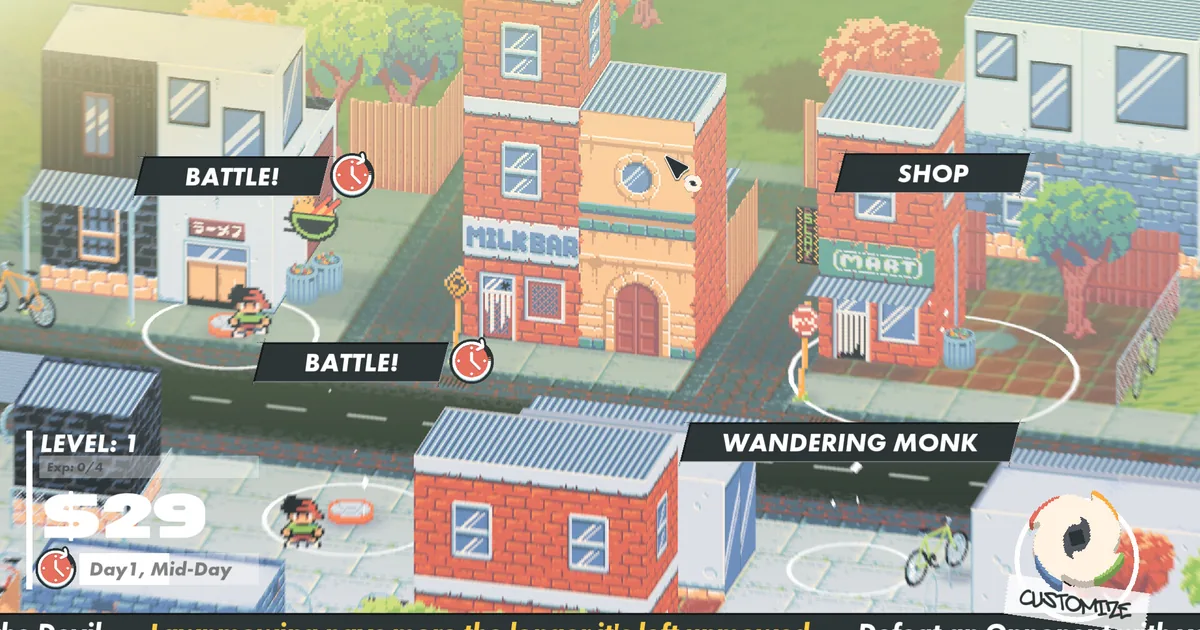 Slayblade's pixel-art Y2K city overworld map showing the Milk Bar and Mart storefronts with Battle and Shop encounter markers and a Level 1 HUD