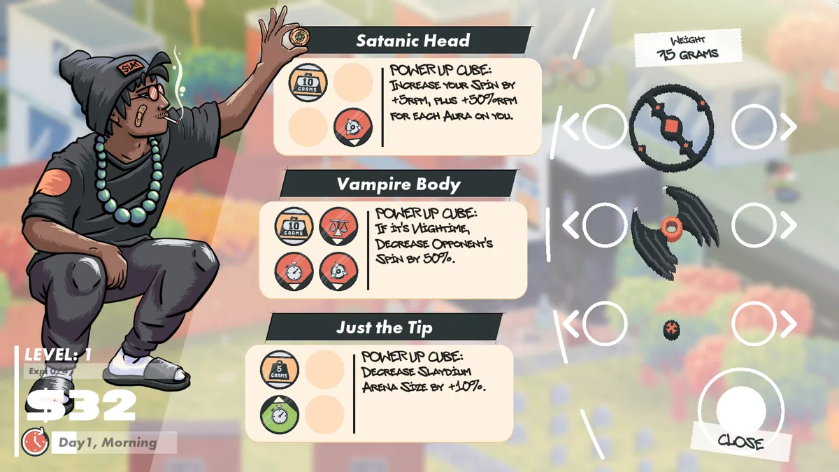 Slayblade customize screen listing three equipped Power Up Cube parts, Satanic Head, Vampire Body, and Just the Tip, with gram weights