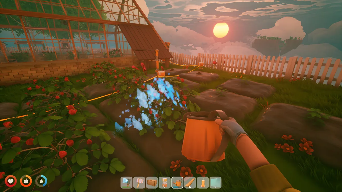 Solarpunk animal pen with a Pig Shelter and Chicken Coop side by side, Feeding Troughs and Water Troughs filling the center, baskets positioned at shelter exits