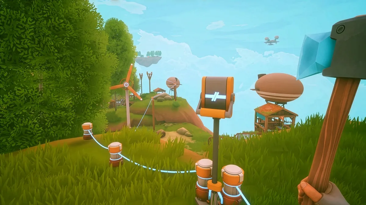 A Solarpunk player base with a wind turbine, wired power poles, and a small house with a sloped roof visible in the background, an axe held in the foreground