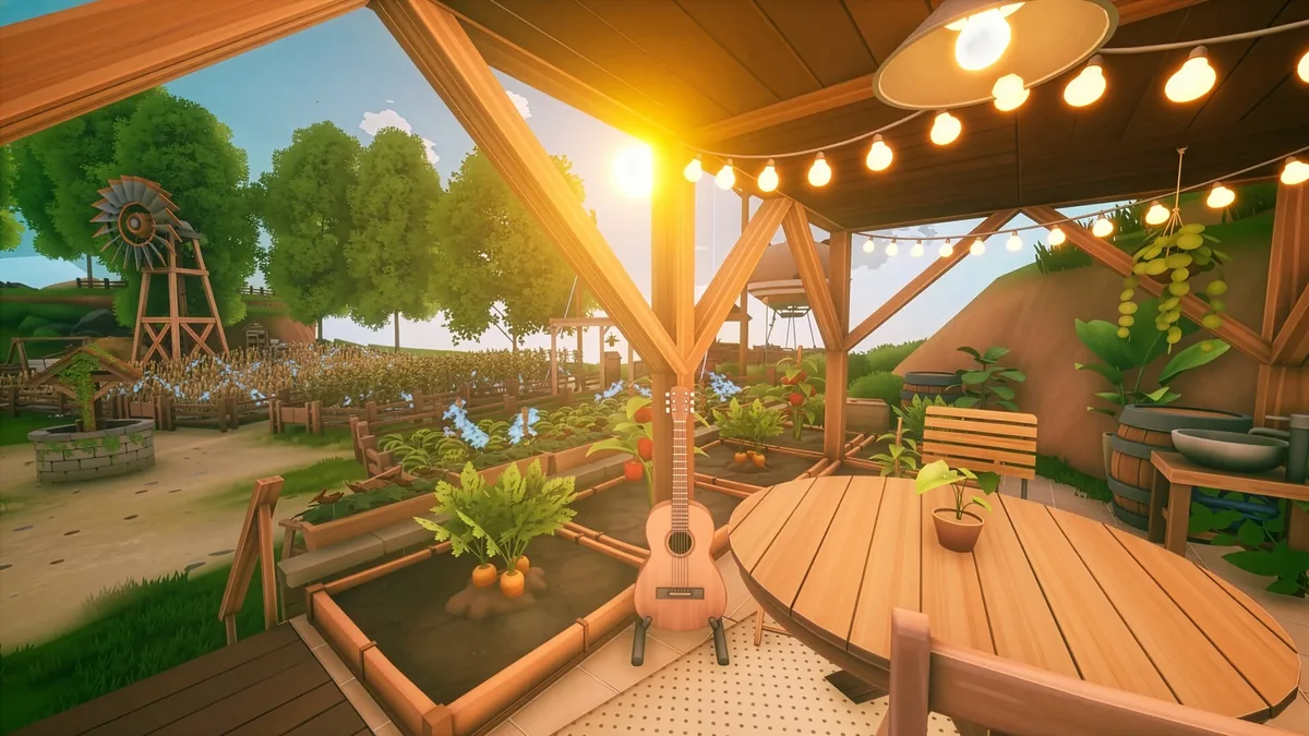 A covered patio build in Solarpunk with string lights, a guitar leaning against a support post, a round wooden table with a potted plant, and raised garden beds visible outside