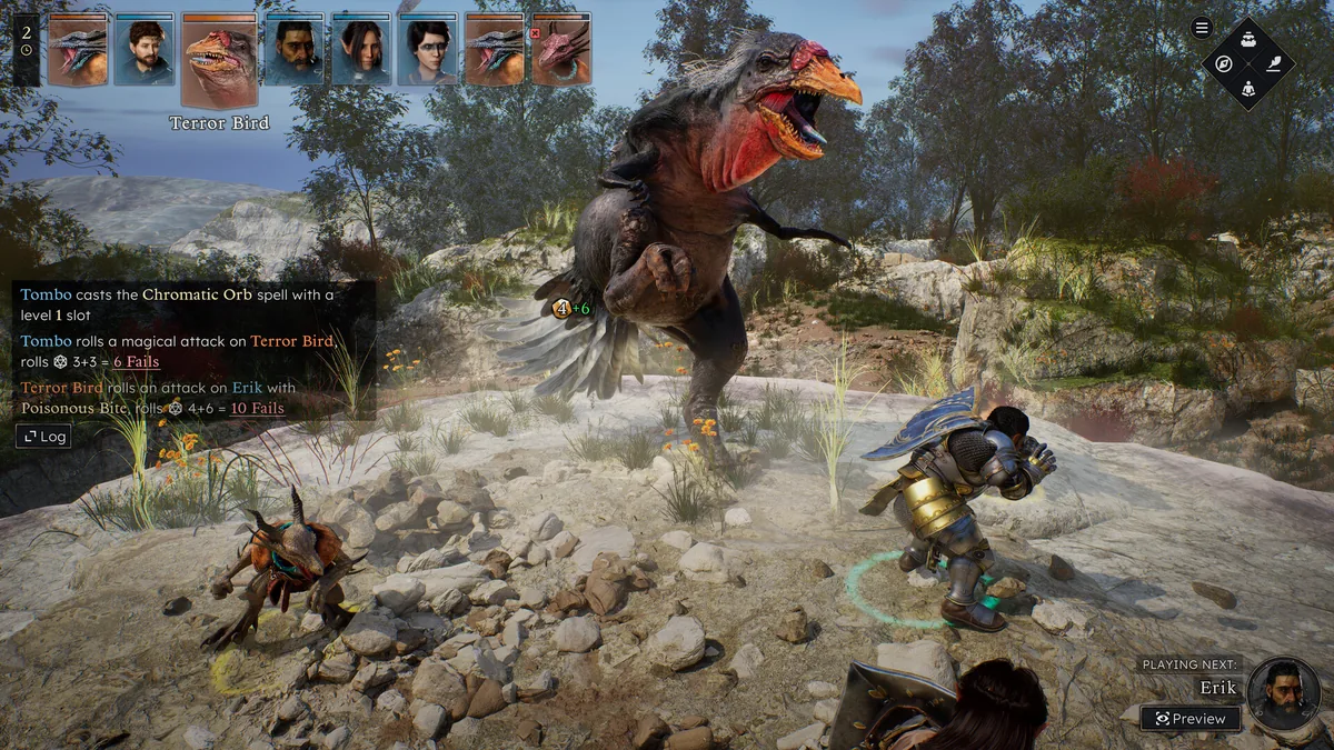 A four-person party facing down a towering Terror Bird creature in combat, with dice roll results and spell-cast text overlaying the screen