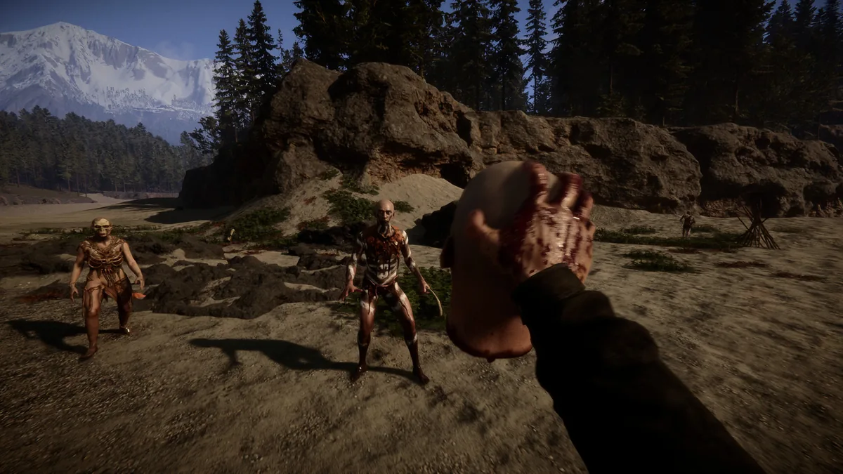 Sons of the Forest group of hostile mutants approaching on rocky terrain with snow-capped mountains in the background and a bloodied fist raised