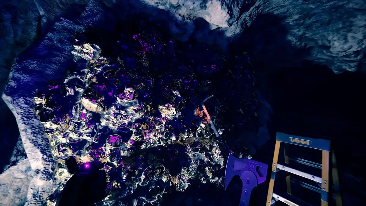 Sons of the Forest mining cave interior with glowing purple and pink mineral deposits on the rock walls, a pickaxe, and a ladder