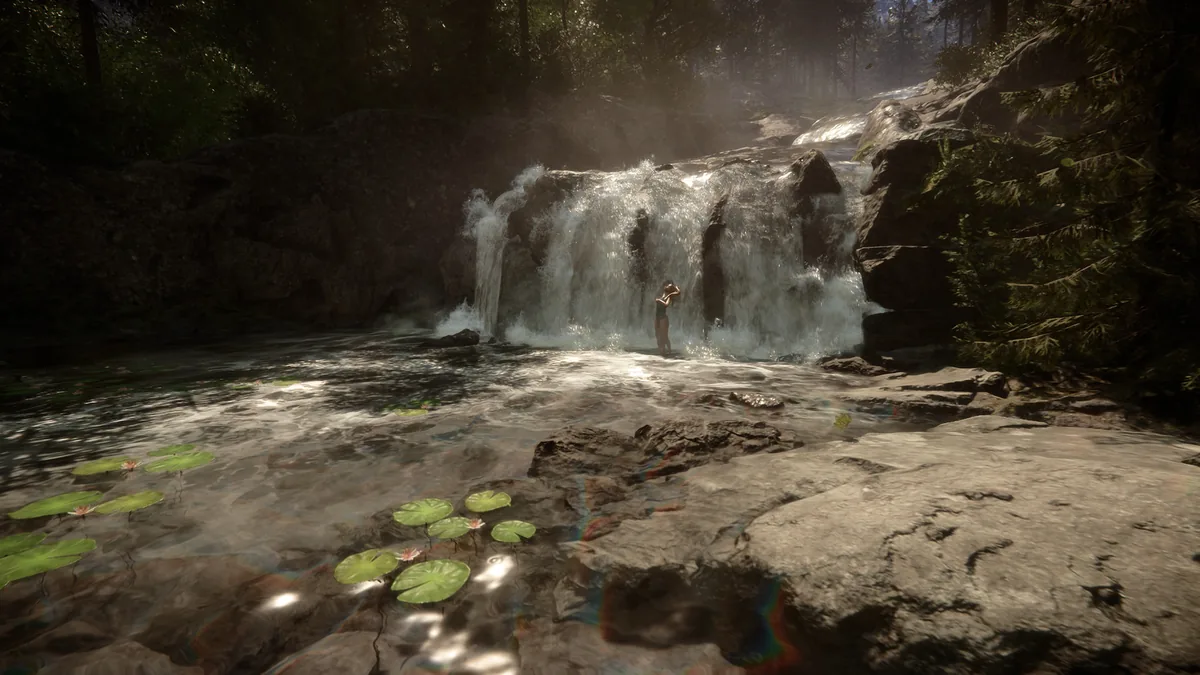 Sons of the Forest character standing in a misty forest waterfall pool surrounded by lily pads at dusk