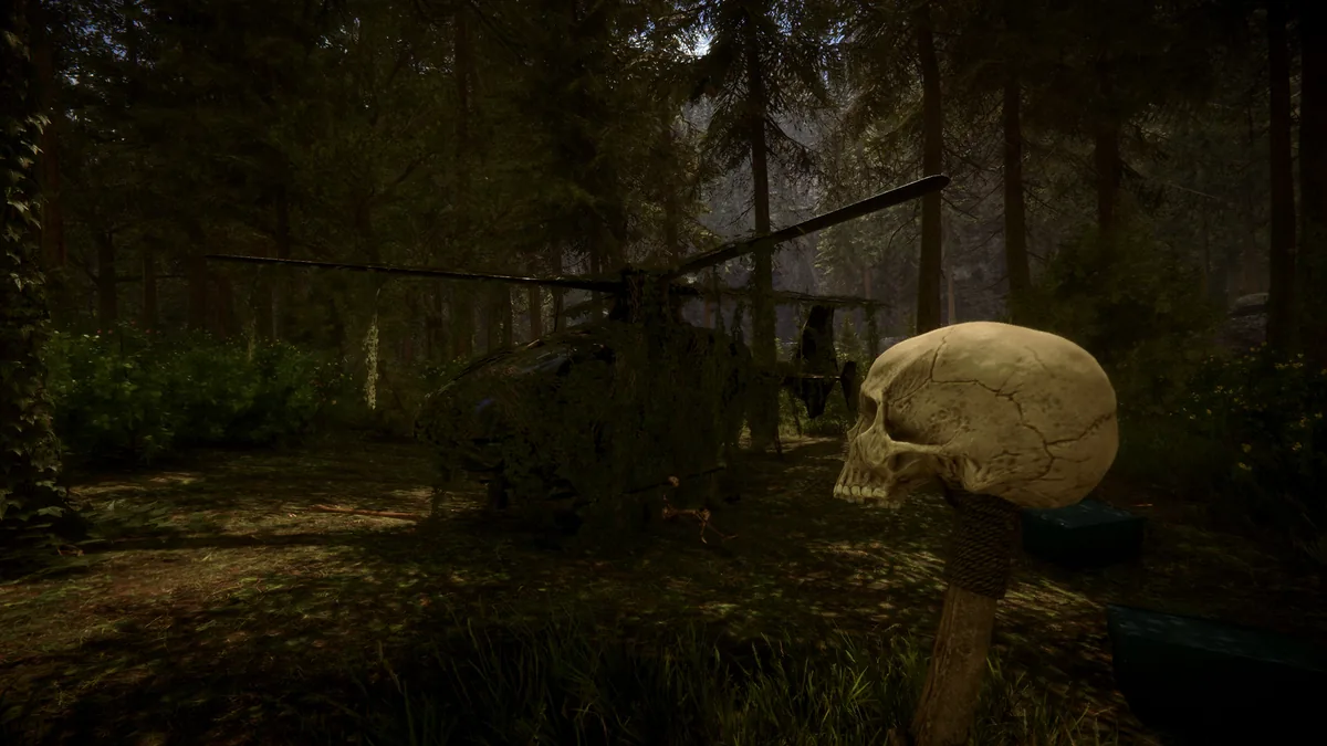 Sons of the Forest forest clearing with a crashed helicopter and skull-topped stake in the foreground