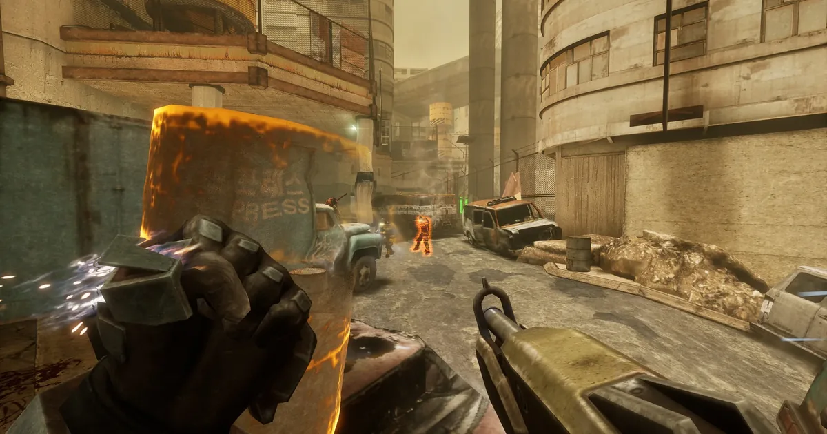 SPRAWL zero firefight in a neon-lit cyberpunk alley, the player firing mid-air at armored cultists under red signage