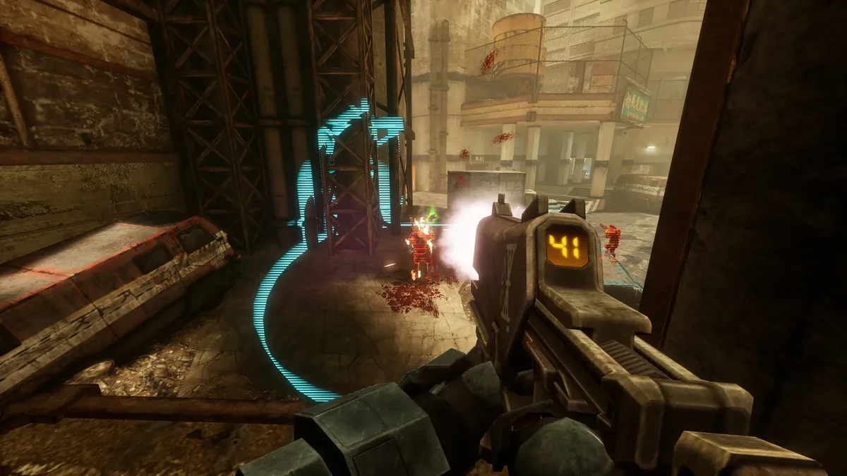 FIVE sliding through a rain-soaked industrial corridor in SPRAWL zero, muzzle flash lighting up a group of charging cultist enemies