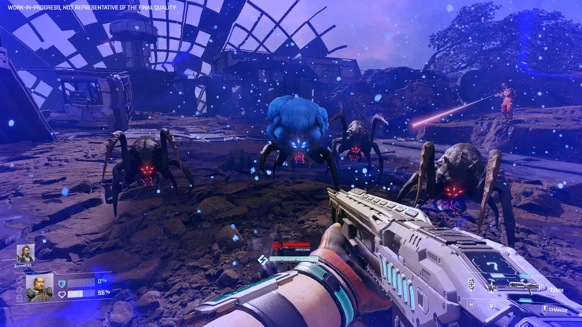First-person combat against a pack of red-eyed spider-like Infectors and a larger blue-furred creature at night, with an ally firing a tether weapon in the background