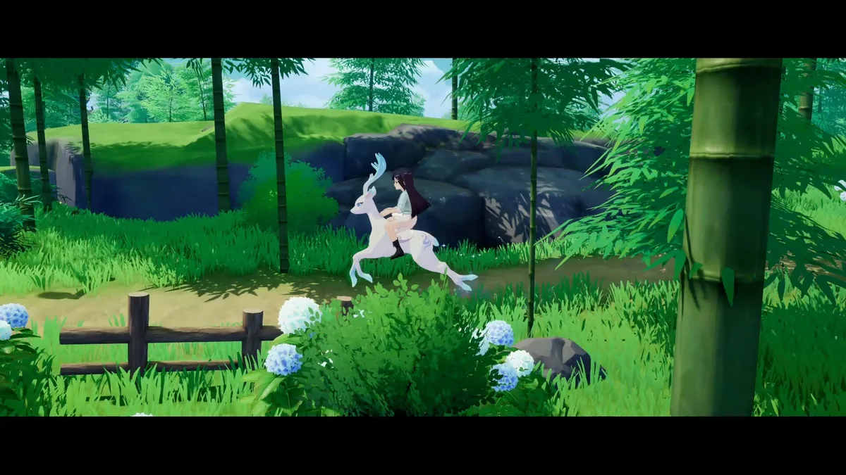 A person rides a glowing white deer companion with branching antlers through a bamboo forest lined with blue hydrangeas