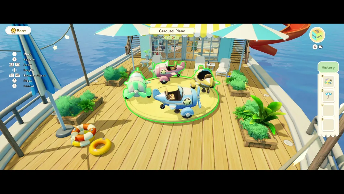 The in-game decorating menu shows a pastel carousel-plane ride being placed on a houseboat deck, with a rotate and place control legend on the left