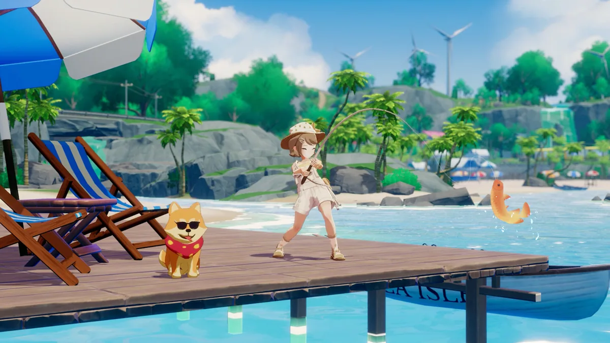 A player and dog stand on a sunny beach dock beside a boat and sparkling water