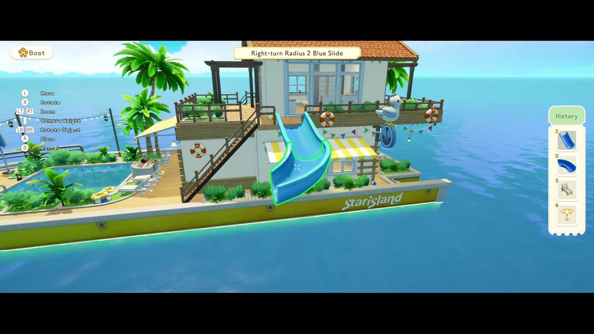 Build mode UI on a houseboat deck shows controller prompts for Move, Rotate, Zoom, Camera Height, and Place while positioning a blue water slide