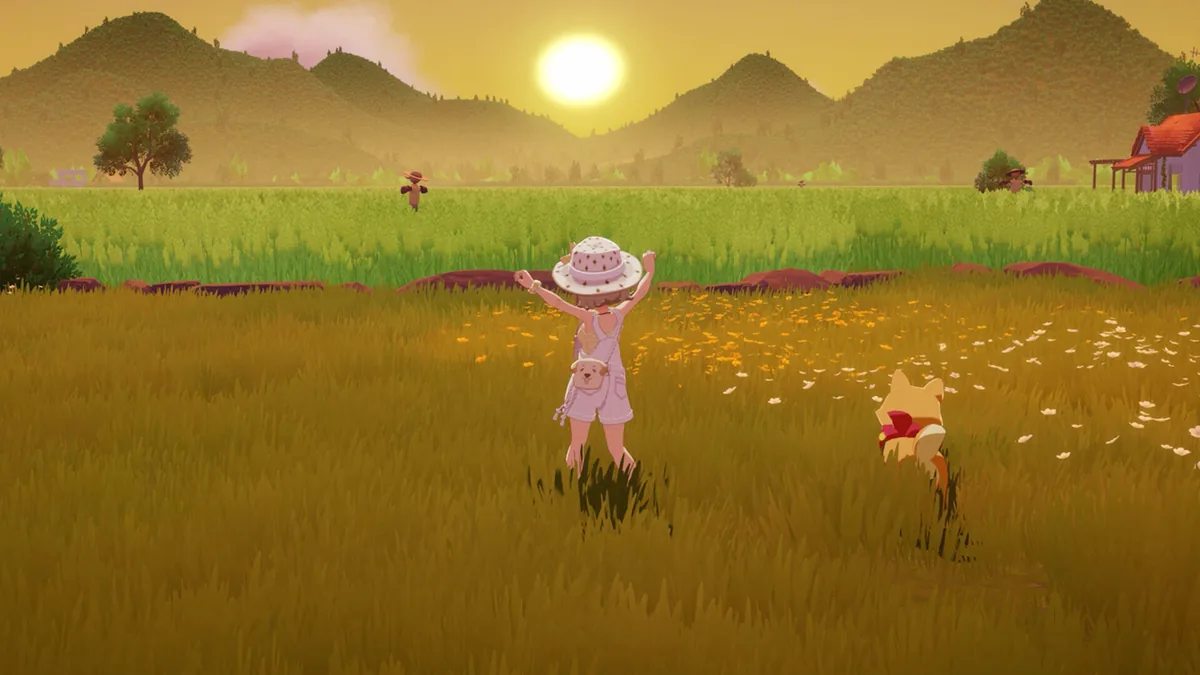 A player character throws their arms up in a golden sunset field with a scarecrow and farmhouse in the distance, a pet dog trotting nearby