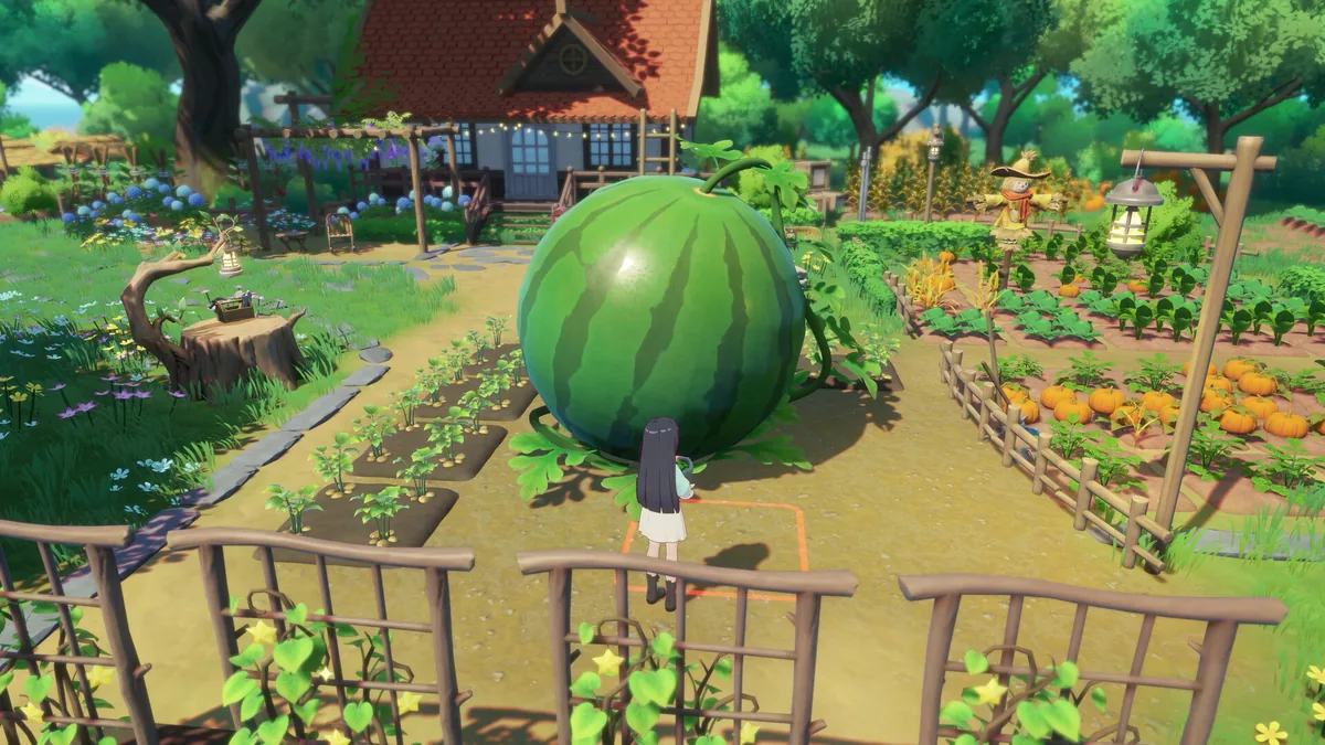 A giant oversized watermelon towers over the player character in a farm plot, dwarfing the normal-sized crop rows and pumpkin patch beside it