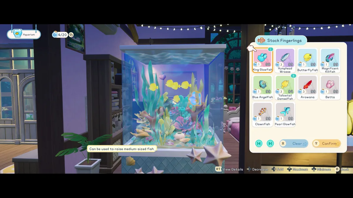 Starsand Island's aquarium stocking menu listing ten fish species available to add to a tank, including King Glowfish, Humphead Wrasse, and Clownfish