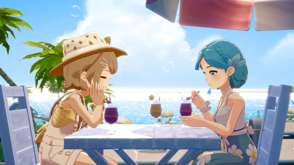 Two characters sit at a beachside cafe table sharing drinks, one laughing with a hand raised to her face