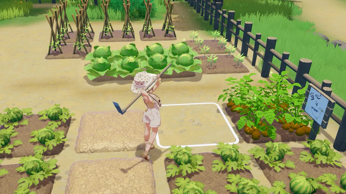 The player hoes a cleared garden plot beside rows of watermelons, cabbages, and staked bean plants on the farm