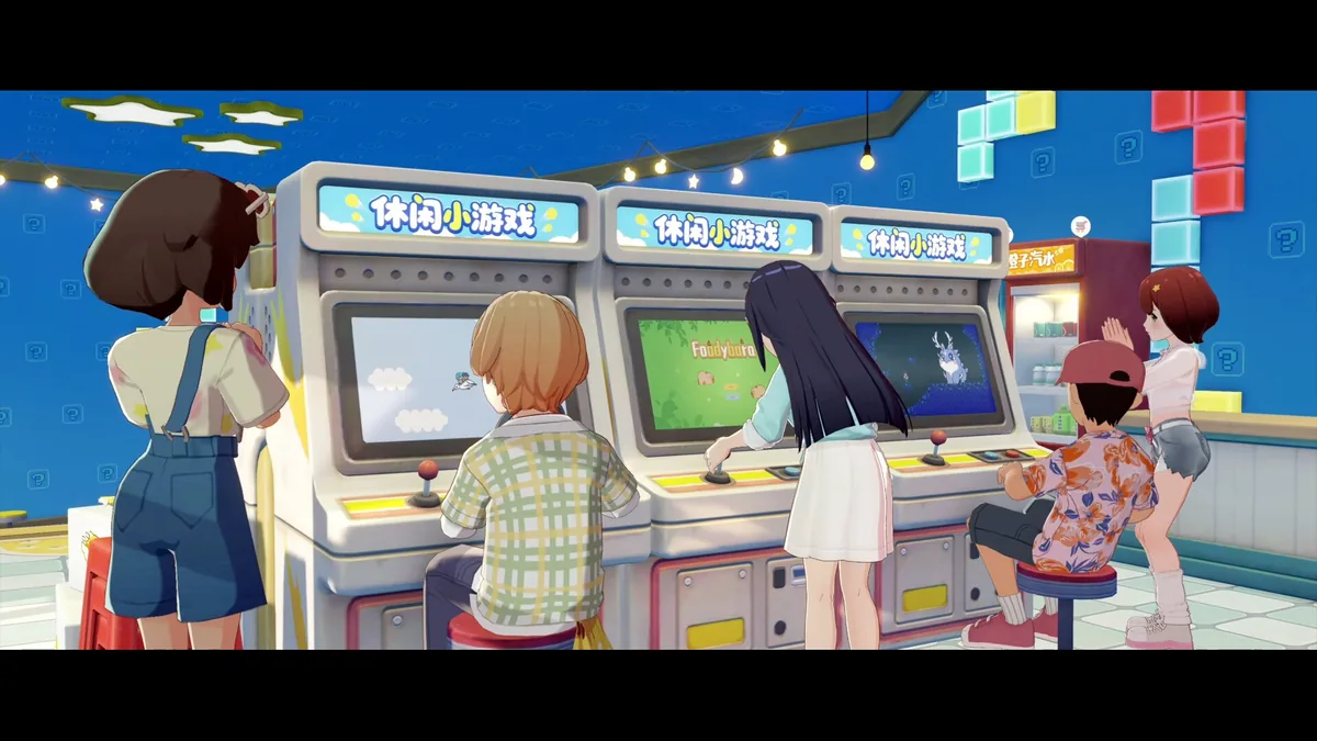 Five islanders play retro arcade cabinet games together in a blue-lit arcade room, one screen showing a deer-like creature running