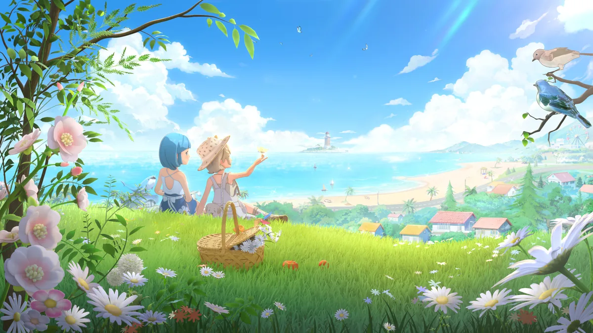 Two islanders sit in a flower-covered hilltop meadow overlooking the coast, a picnic basket of daisies on the grass between them