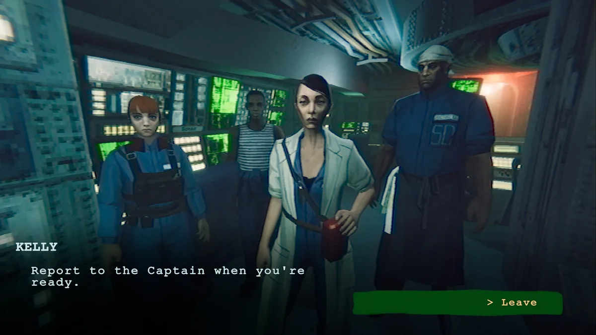Four crew members in the sonar room as Kelly delivers a dialogue line telling the player to report to the Captain