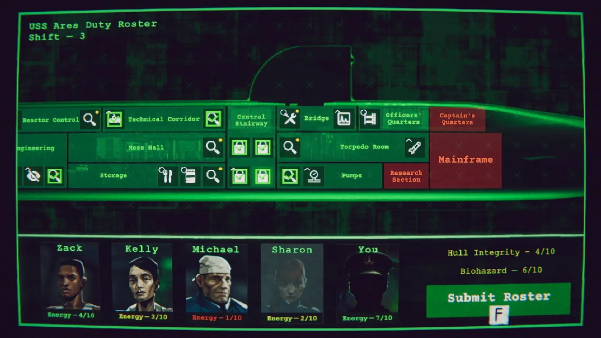 USS Ares duty roster screen assigning crew members Zack, Kelly, Michael, and Sharon to ship sections, tracking Energy, Hull Integrity, and Biohazard